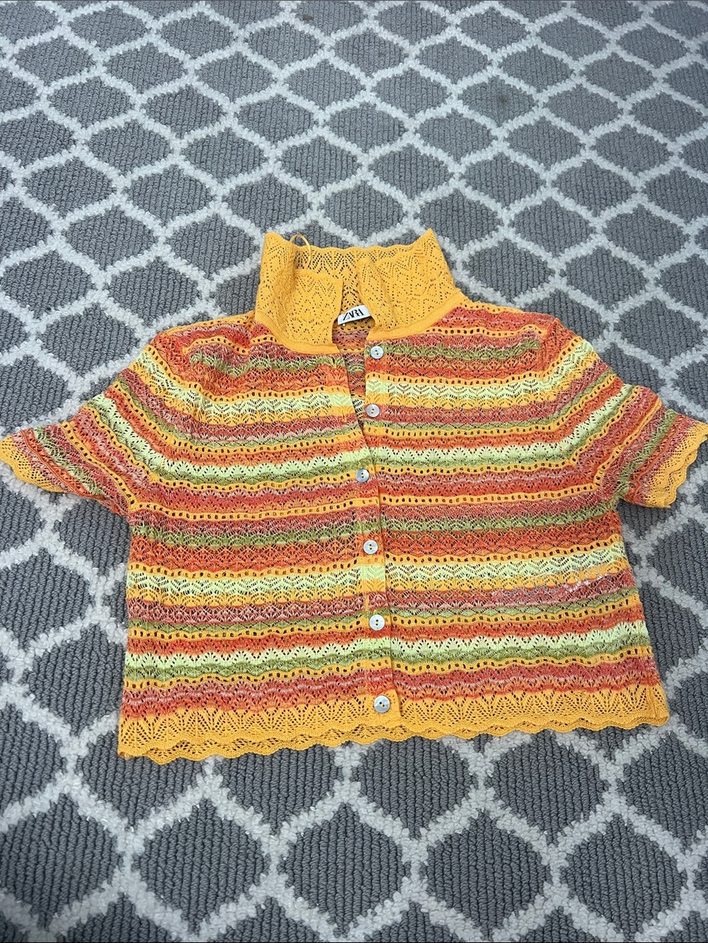 Zara Orange Yellow Green Striped Crochet Button-Up Top